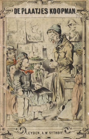 The Picture Merchant, Four children at a print dealer, wrapper, print, Prints hang on a line