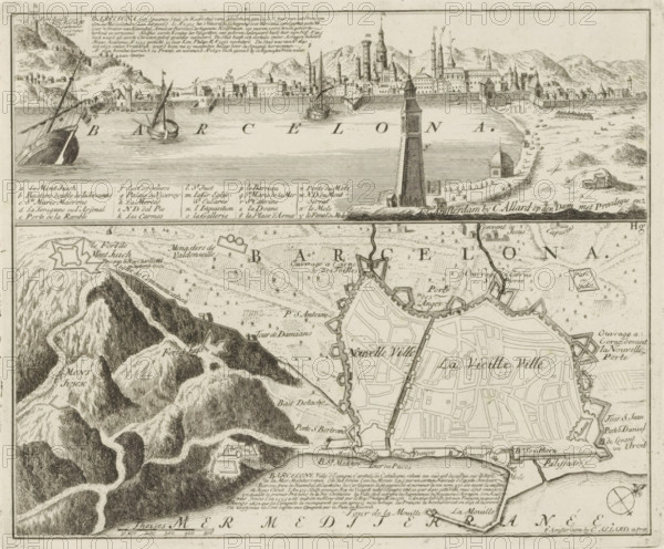 View and map of Barcelona, Barcelona, a Spanish city, the capital of Catalonia, Les Principales