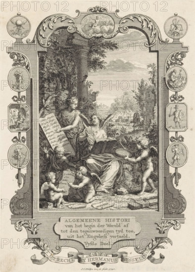 Title page for: Kornelis Westerbaen, Algemeene histori, 1740, Cartouche with allegory on the
