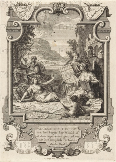 Cartouche with allegorical representation with History and Greek States, Title page front: Kornelis