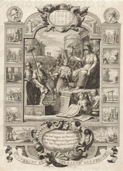 Cartouche with allegory of the Roman Empire, Title page front: Kornelis Westerbaen, Algemeene