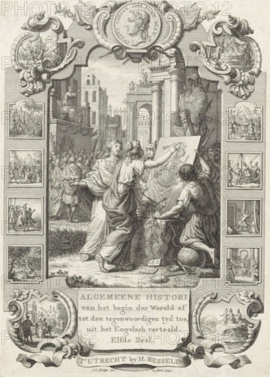 Cartouche with allegorical representation with portrait of Monarchy, Title page front: Kornelis