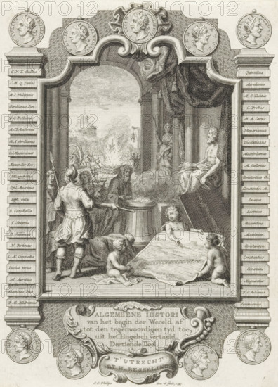 Cartouche with allegory on the history of the Romans, Title page before: Kornelis Westerbaen,
