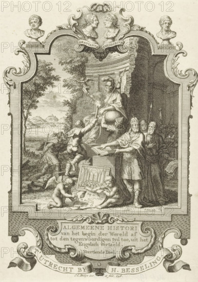 Cartouche with allegory on the end of the Roman Empire, Title page front: Kornelis Westerbaen,