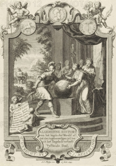 Title page for: Kornelis Westerbaen, Algemeene histori, 1749, Cartouche with allegory of Carthage,