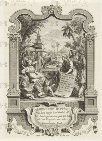 Cartouche with allegorical representation with History, Title page for: Kornelis Westerbaen,