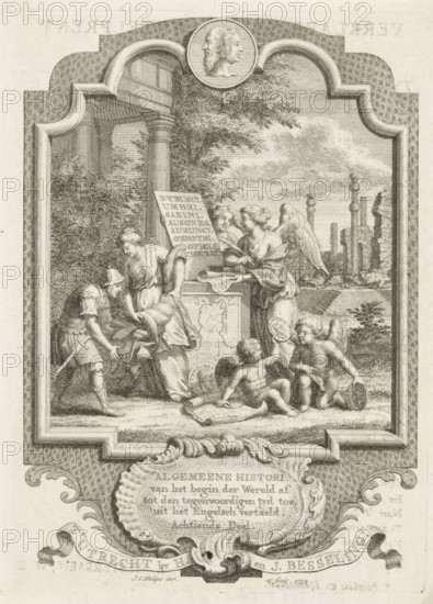 Title page for: Kornelis Westerbaen, Algemeene histori, 1752, Cartouche with allegory on the