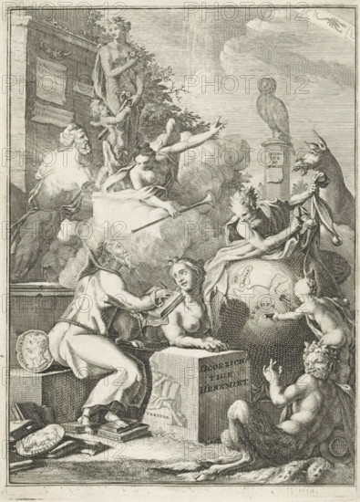 Title page for: Jacob Campo Weyerman, The Transparent Hermit, 1764, Allegorical representation with