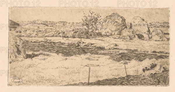 Field with haystacks, print, A piece of land fenced off with posts. On the left, part of a barn. In