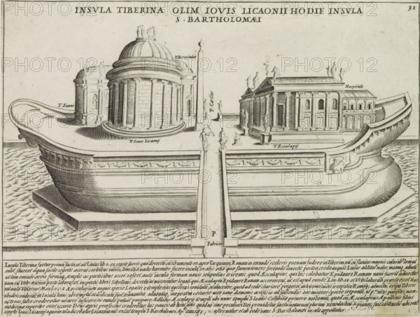 Tiber Island in Rome, Insula Tiberina olim Iovis licanii hodie insula S. Bartholomaei, Antiquae