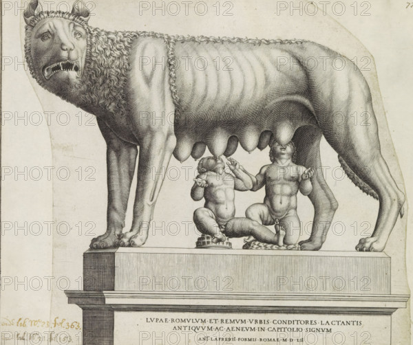 Lupae Romulum et Remum urbis conditiones la ctantis antiquum ac aeneum in Capitolio signum,
