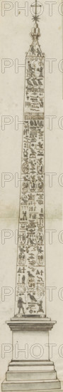 Egyptian obelisk, drawing, album page, The drawing is part of an album., Italy, c. 1550 - c. 1650,