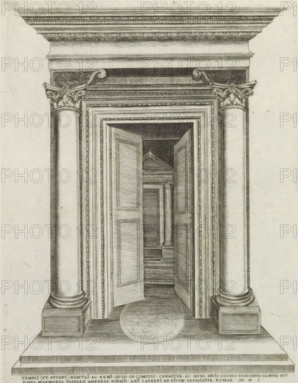 Temple of Romulus and Remus, Speculum Romanae Magnificentiae, print, album page, Caption in Latin.,