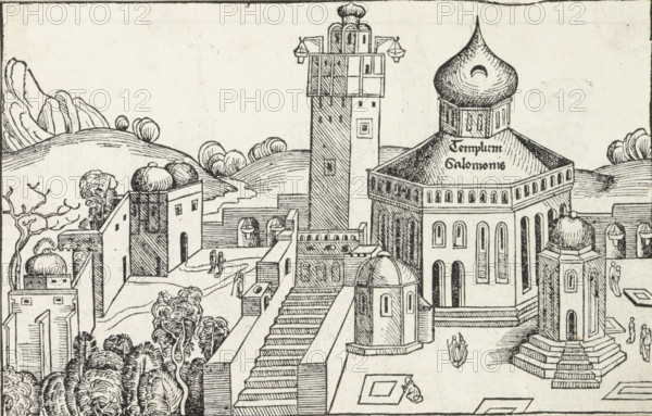 View of Jerusalem, Liber Chronicarum, print, book illustration, pastedown, View of the city of