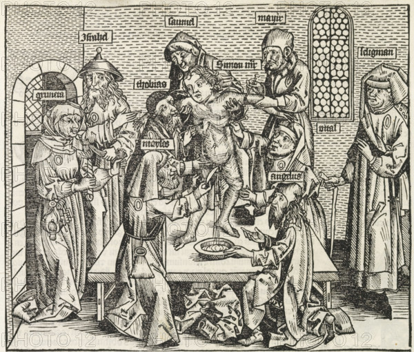 Murder of Simon of Trent, Liber Chronicarum, print, album page, book illustration, The ritual