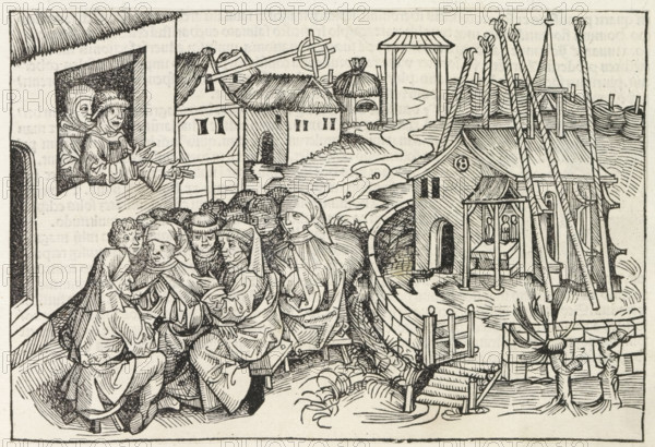 Hans Bohm of Niklashausen preaching, Liber Chronicarum, print, album page, book illustration, In a