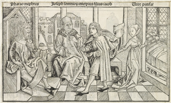 Joseph explains the Pharaoh's dreams, Liber Chronicarum, print, album page, book illustration,