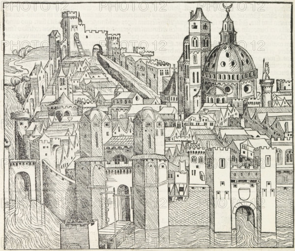 View of a city, Liber Chronicarum, print, album page, book illustration, A view of a city.,