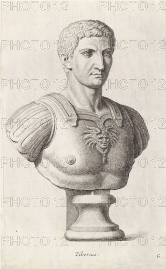 Tiberius, Bust of Emperor Tiberius, print, album page, Series number, 7, 12, Bust of a young man
