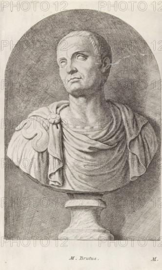 M. Brutus, Bust of Marcus Junius Brutus, print, album page, Series number, 12, Classical bust of a