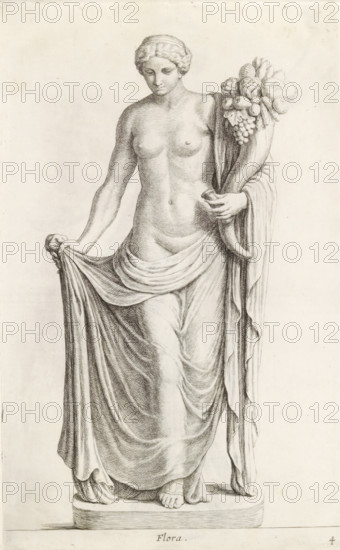 Sculpture of Flora, Flora, print, album page, Series number, 4, 98, Classical sculpture of a woman,