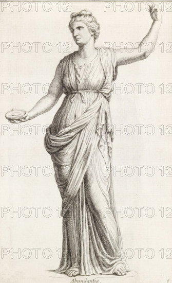 Sculpture of Abundance, Abundantia, print, album page, Series number, 6, 98, Classical sculpture of