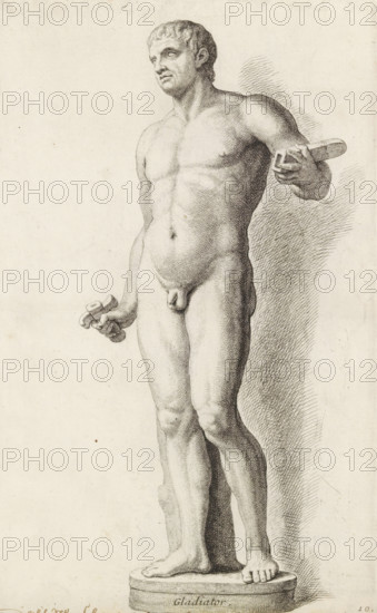 Sculpture of a gladiator, Gladiator, print, album page, Series number, 10, 98, Classical sculpture