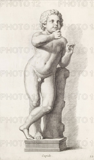 Sculpture of Amor, Cupid, print, album page, Series number, 12, 98, Classical sculpture of a boy