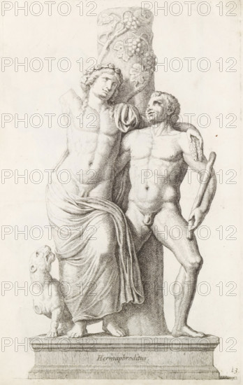 Hermaphroditus, Sculpture of Bacchus, with satyr and panther, print, album page, Series number, 13,