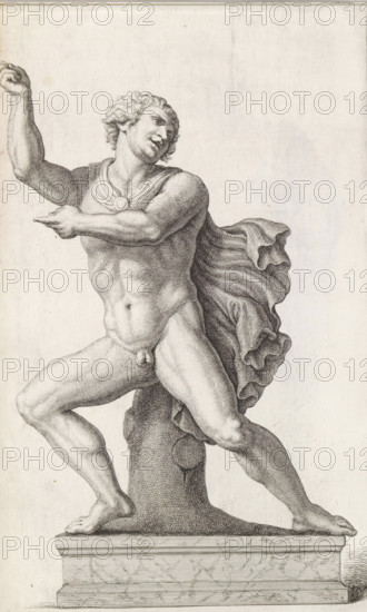 Sculpture of a naked man with a travel cloak, print, album page, Series number, 15, 98, Classical