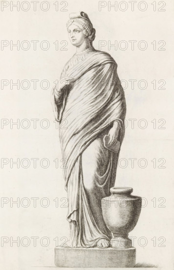 sculpture of a standing woman with water jug, print, album page, Series number, 16, 98, Classical