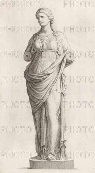 Sculpture of a woman in a tunic, print, album page, Series number, 18, 98, Classical sculpture of a