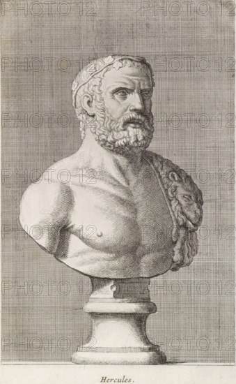 Hercules, Bust of Hercules, print, album page, Series number, 19, 98, Classical bust of Hercules.