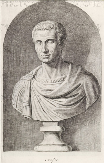 Bust of Julius Caesar, J. Caesar, print, album page, Series number, 20, 98, Classical bust of a man