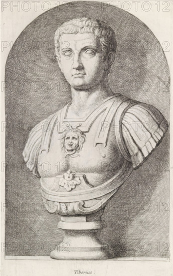 Tiberius, Bust of Emperor Tiberius, print, album page, Series number, 24, 98, Classical bust of a