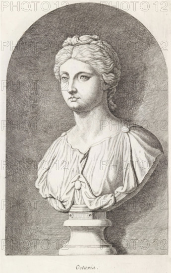 Octavia, Bust of Octavia, print, album page, Series number, 26, 98, Classical bust of a woman. She