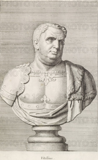 Vitellius, Bust of Emperor Vitellius, print, album page, Series number, 27, 98, Classical bust of a