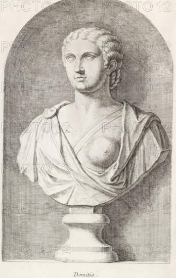 Bust of Domitia, Domitia, print, album page, Series number, 28, 98, Classical bust of a woman with