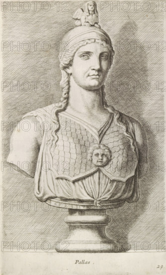 Pallas, Bust of Minerva, print, album page, Series number, 29, 98, Classical bust of Minerva with a
