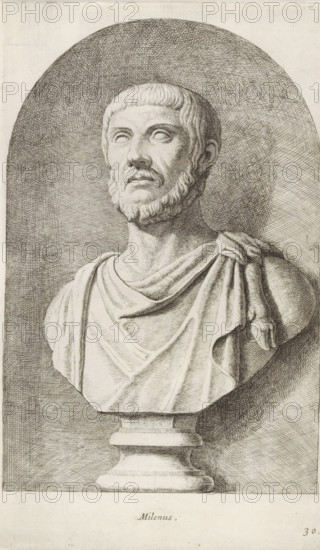 Bust of Milenus, Milenus, print, album page, Series number, 30, 98, Classical bust of a bearded man