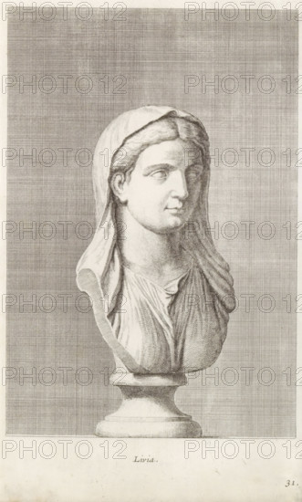 Bust of Livia, Livia, print, album page, Series number, 31, 98, Classical bust of a woman, turned