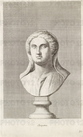 Bust of Cleopatra, Cleopatra, print, album page, Series number, 32, 98, Classical bust of a woman,