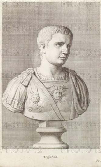 Bust of Emperor Trajan, Trajan, print, album page, Series number, 33, 98, Classical bust of a young