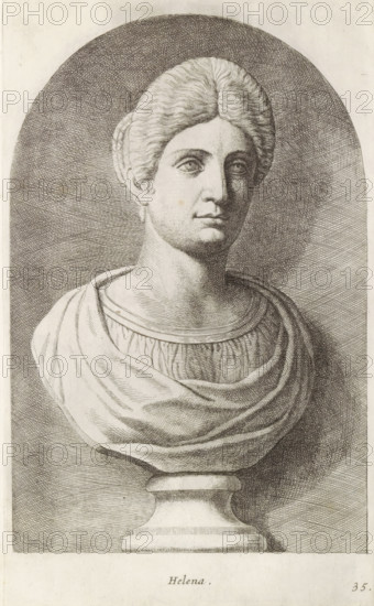 Bust of Helena, Helena, print, album page, Series number, 35, 98, Classical sculpture of a woman,