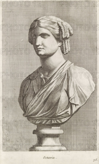 Bust of Octavia, Octavia, print, album page, Series number, 36, 98, Classical bust of a young woman