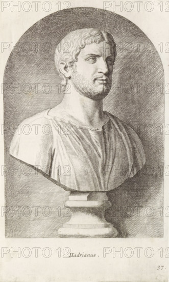 Octavia, Bust of Emperor Hadrian, print, album page, Series number, 37, 98, Classical bust of a