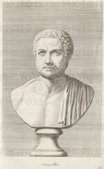Caracalla, Bust of Emperor Caracalla, print, album page, Series number, 38, 98, Classical bust of a