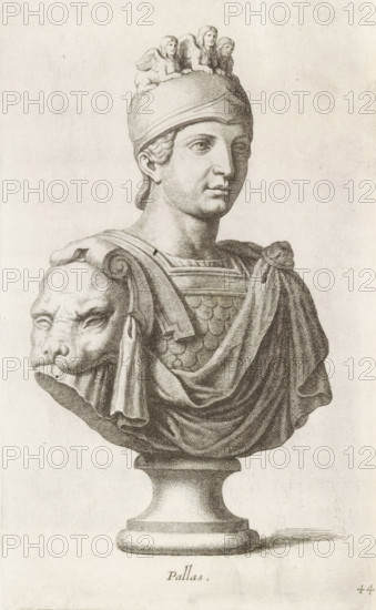 Bust of Minerva, Pallas, print, album page, Series number, 44, 98, Classical bust of Minerva with