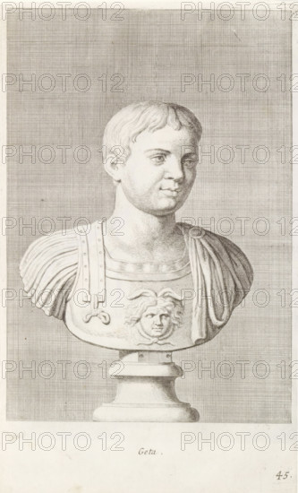 Geta, Bust of Emperor Geta, print, album page, Series number, 45, 98, Classical bust of a man in