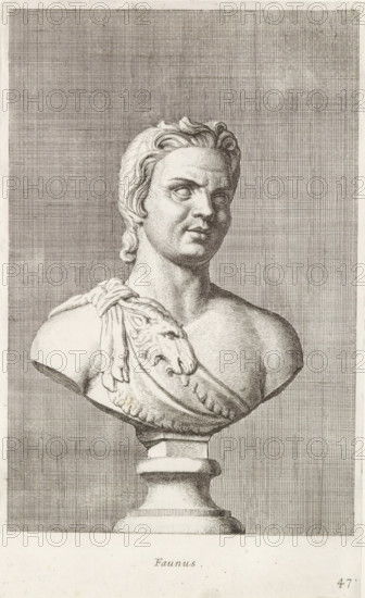 Faunus, Bust of Pan, print, album page, Series number, 47, 98, Classical bust of the god Pan. Over